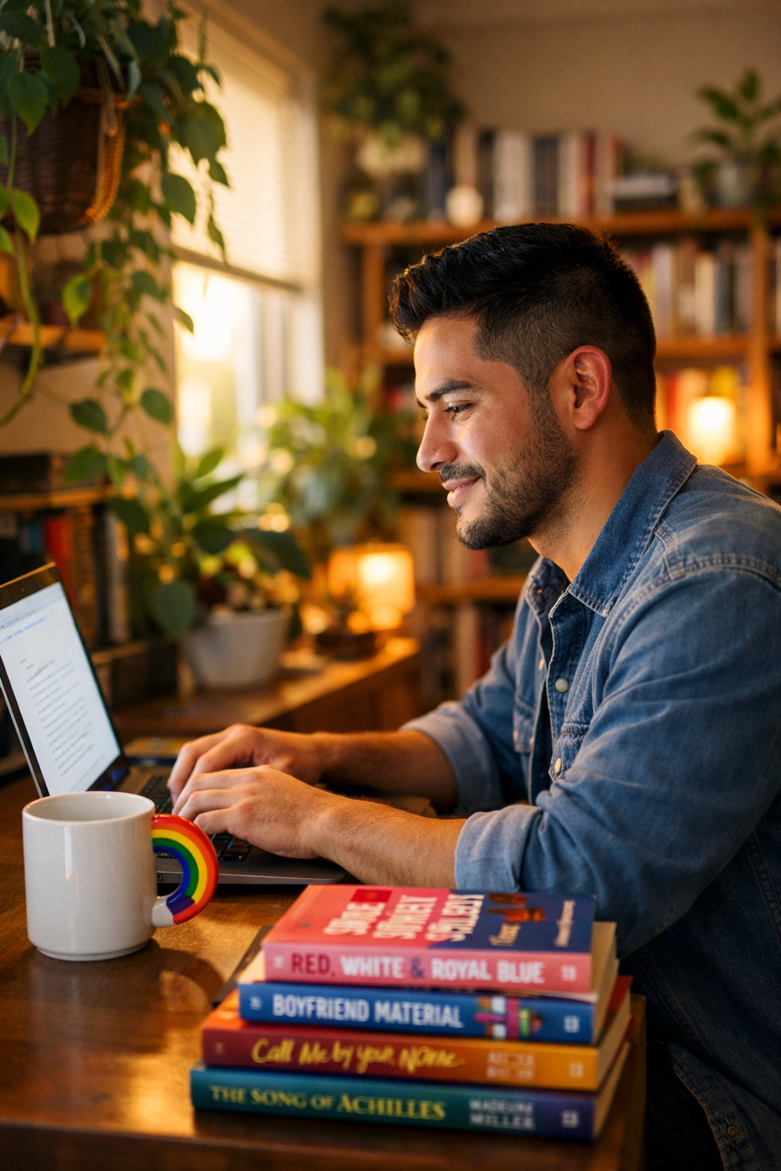 A young Latino author writing a new MM romance novel in a vibrant, modern office filled with books.