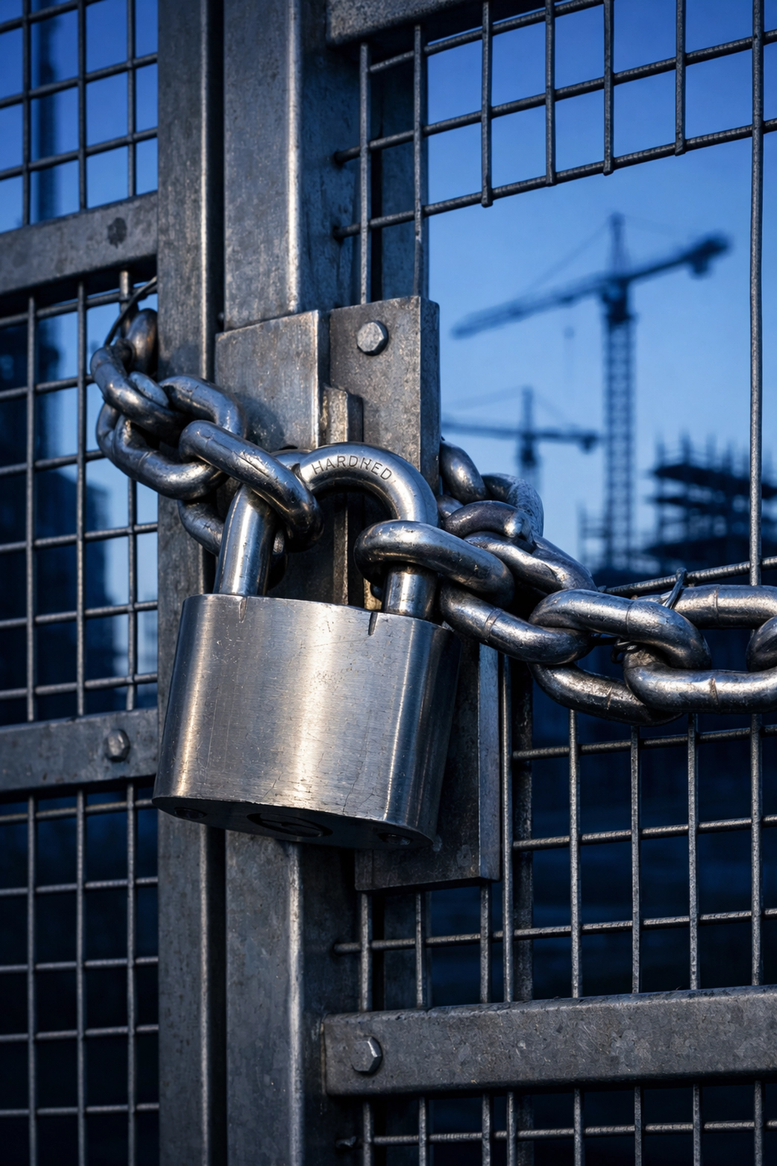 Secure construction site perimeter fencing with a heavy-duty padlock and chain for asset protection.