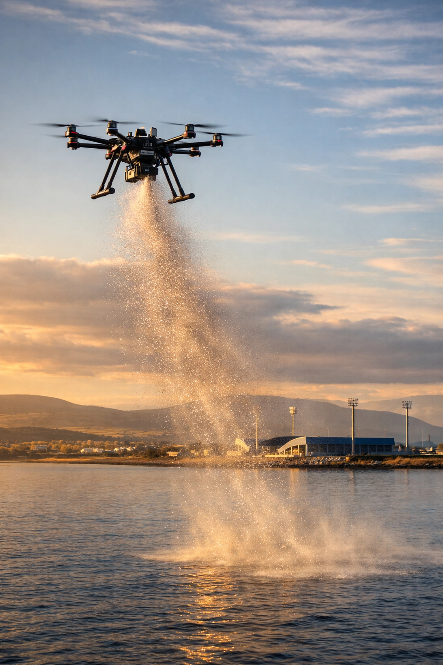Drone scattering ashes over Moray Firth waters overlooking Inverness Caledonian Thistle’s stadium.