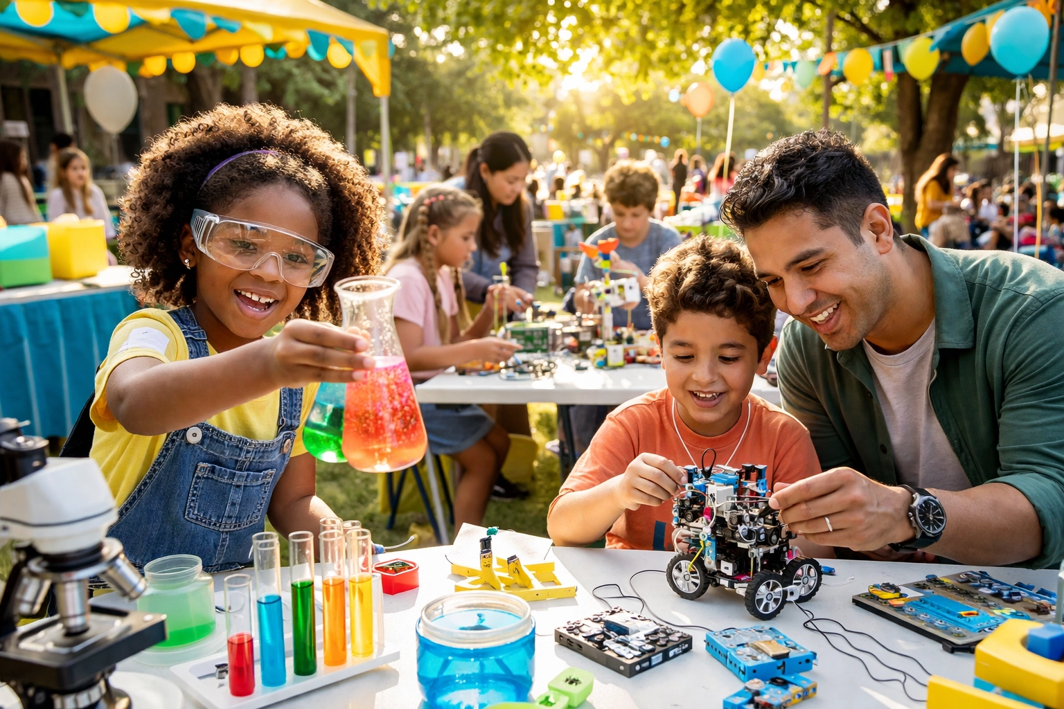 Children and parents engaged in hands-on STEAM activities at a community festival, exploring science and creativity together.