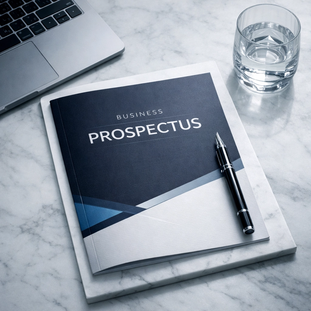 Professional business prospectus and pen prepared for a high-stakes business sale presentation.