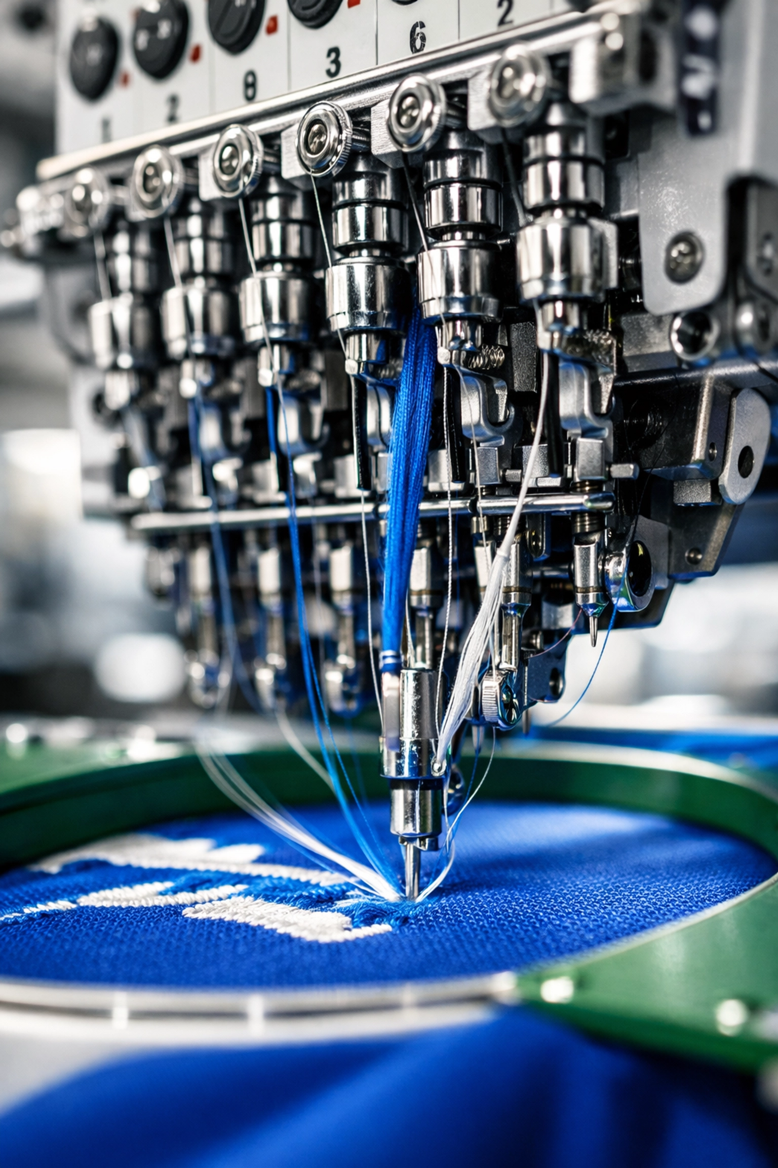 Industrial embroidery machine in action during a test sew-out to ensure logo quality and accuracy.