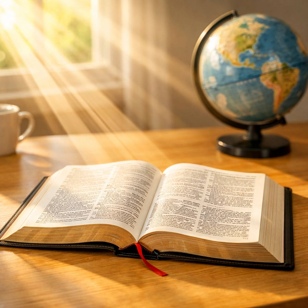 An open Holy Bible on a sunlit table representing the global authority and accessibility of God’s Word.