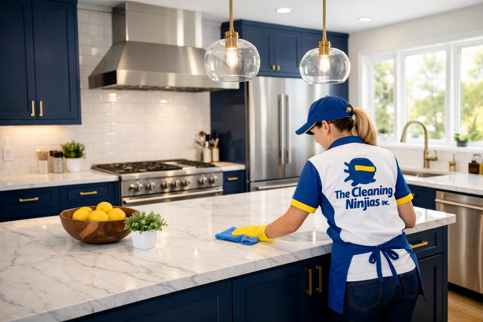 Professional post construction cleaning Franklin service detailing a modern renovated kitchen with marble surfaces.