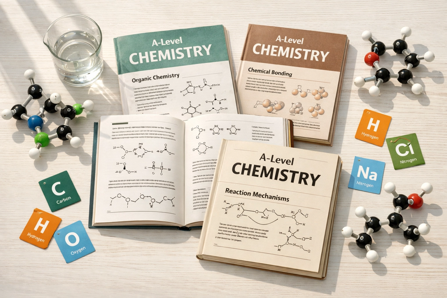 A-Level Chemistry textbooks with molecular models and periodic table flashcards for Cambridge NatSci preparation