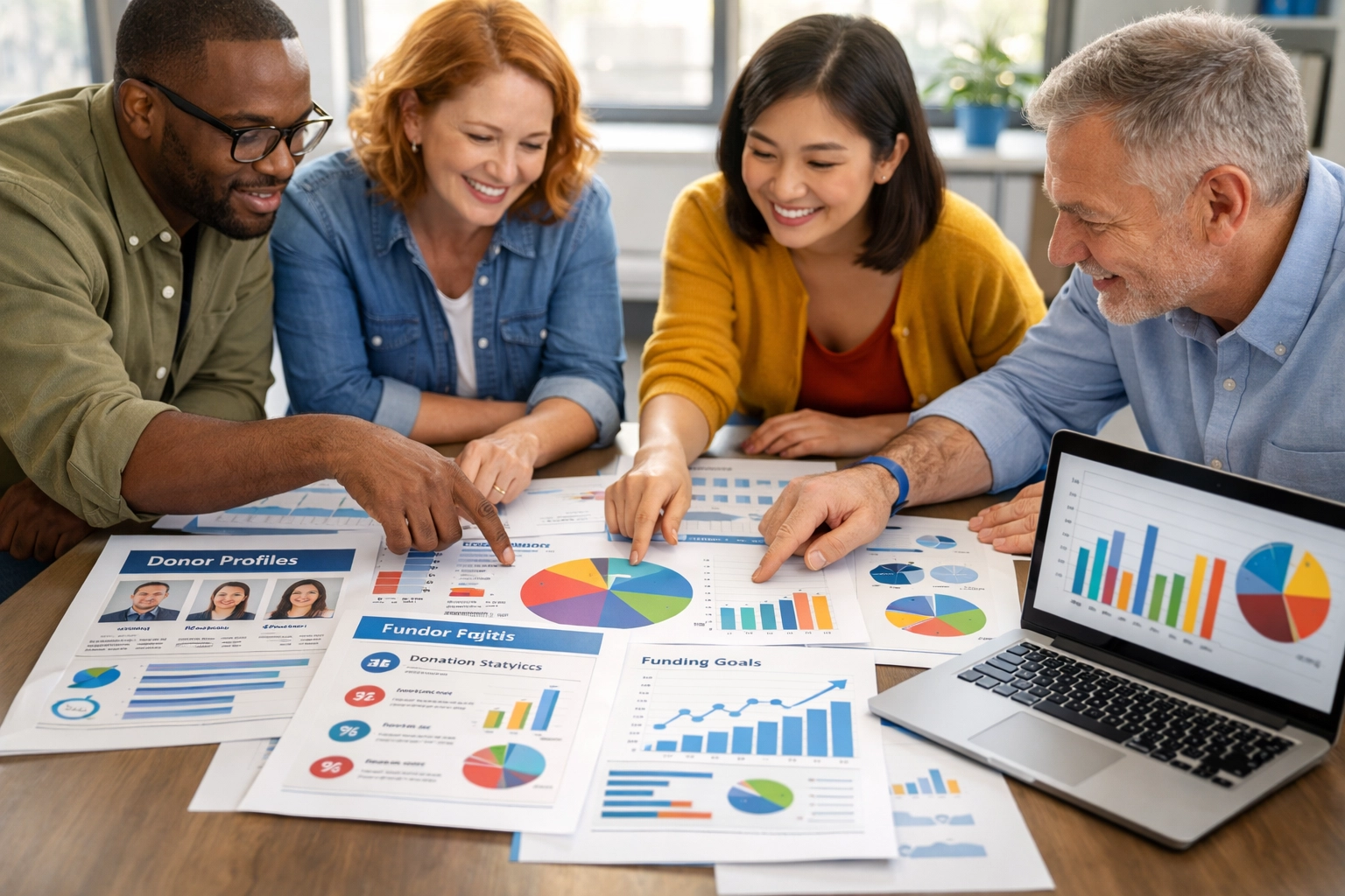 Nonprofit team analyzing donor database and data visualizations to identify major gift prospects