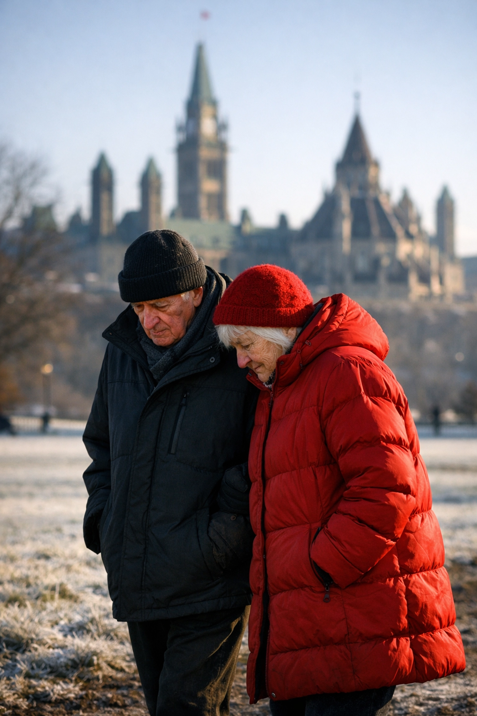 Elderly couple in an Ottawa park with Parliament in view, highlighting Canada's aging demographic trends.