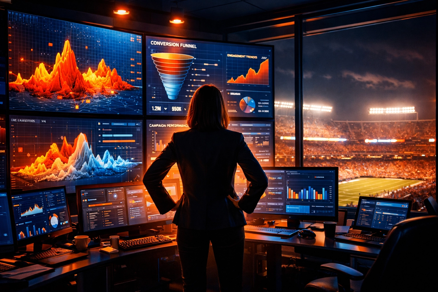 A CMO analyzes real-time Super Bowl ROI data in a high-tech marketing command center overlooking a stadium.