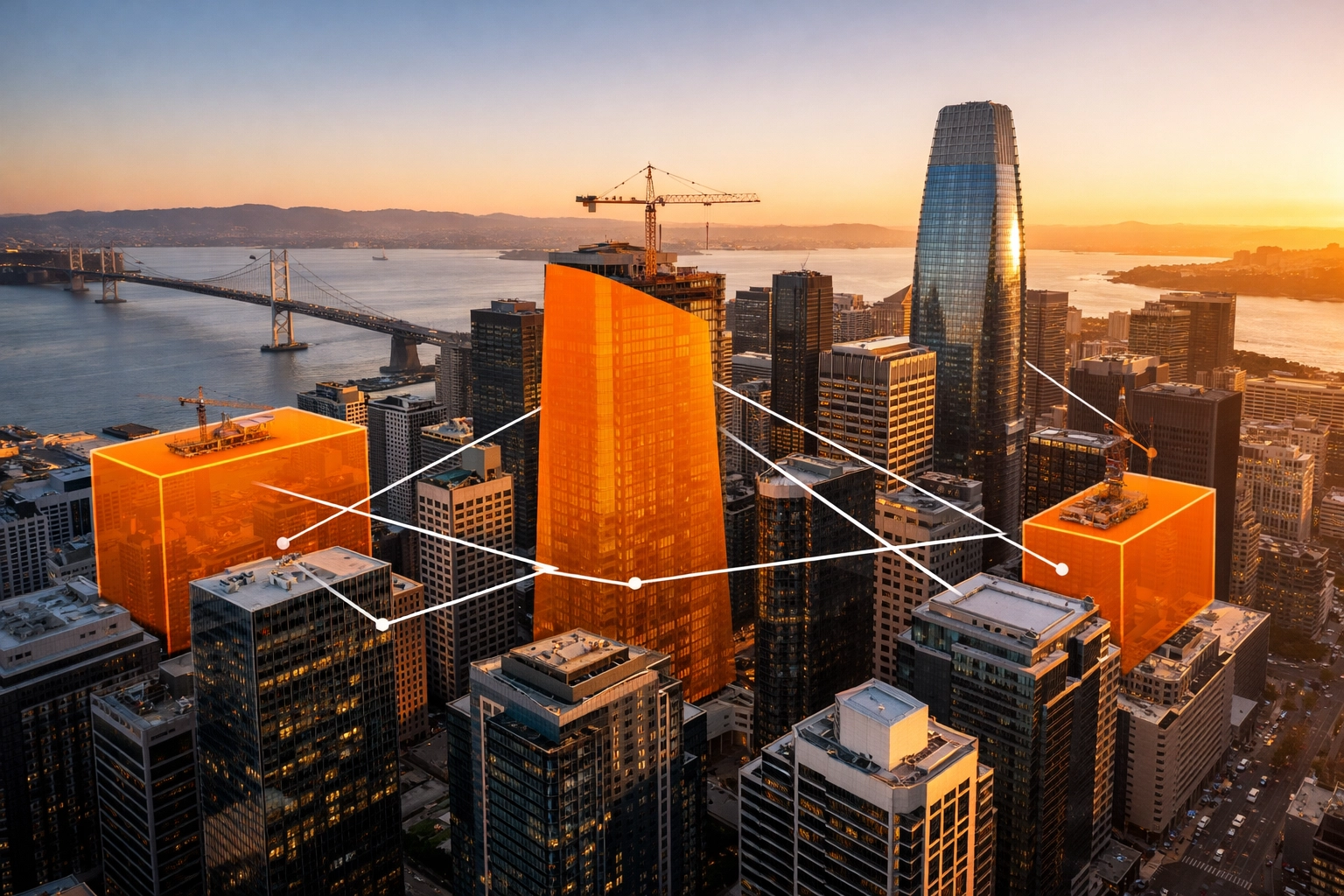 Aerial view of San Francisco Financial District showing construction cranes and development sites