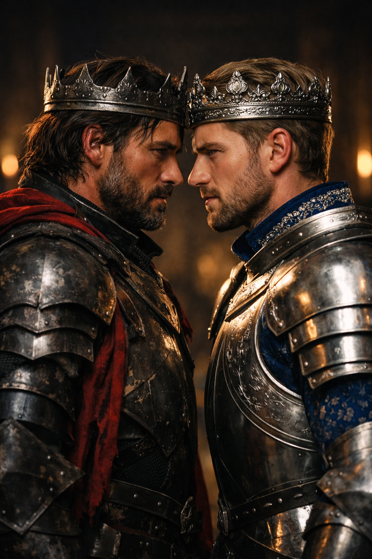 Rival kings in royal armor face each other with intense tension in an enemies to lovers mm romance scene.