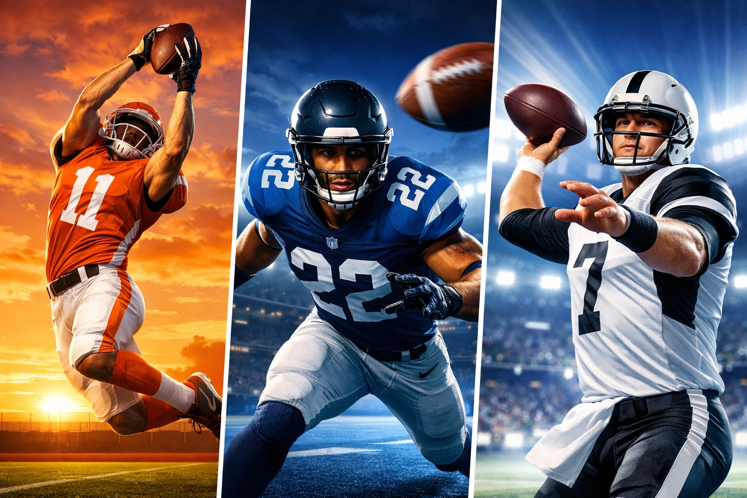 Three football positions showcased: wide receiver, safety, and quarterback demonstrating versatility
