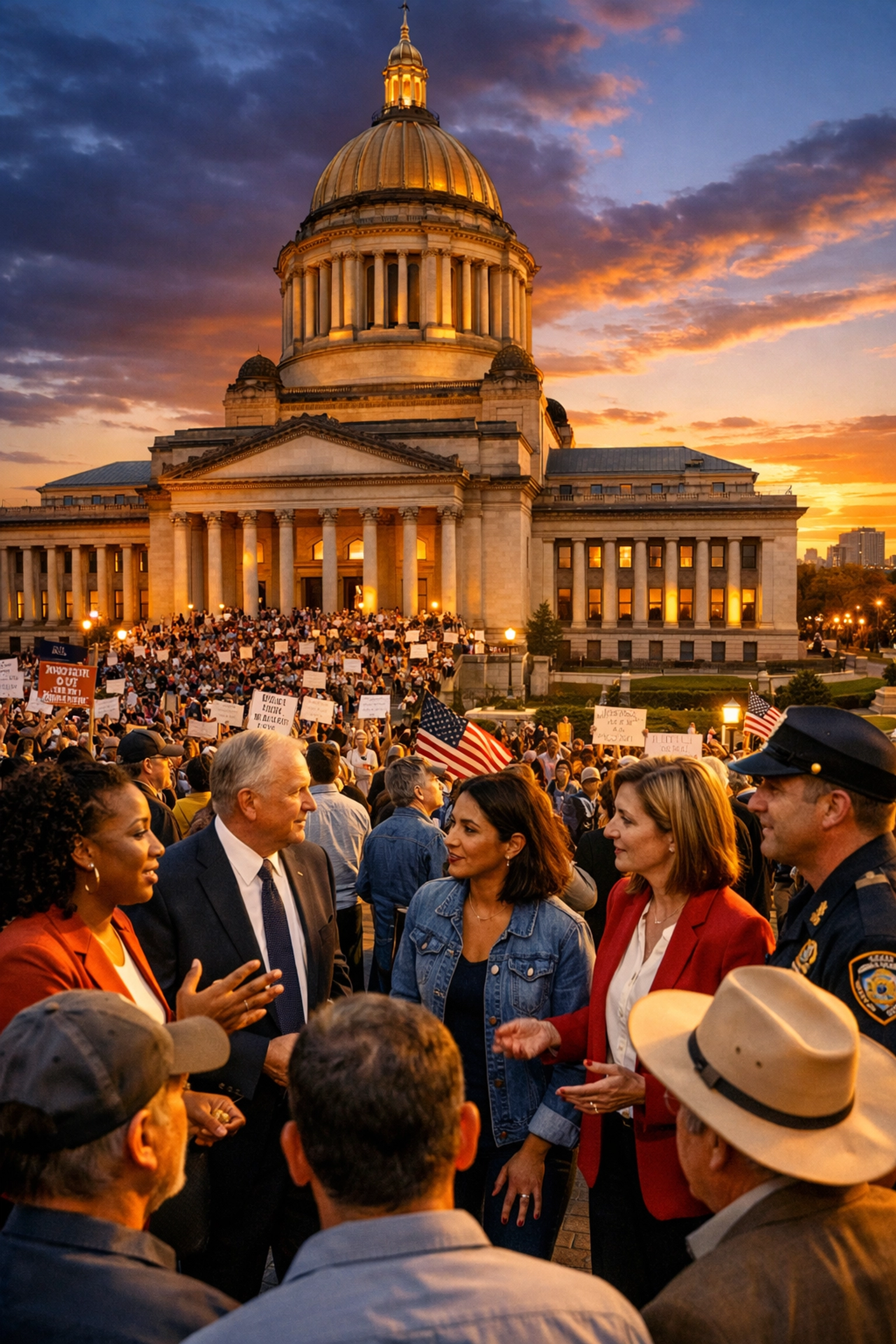Citizens gathering at state capitol building for grassroots political engagement and local policy advocacy