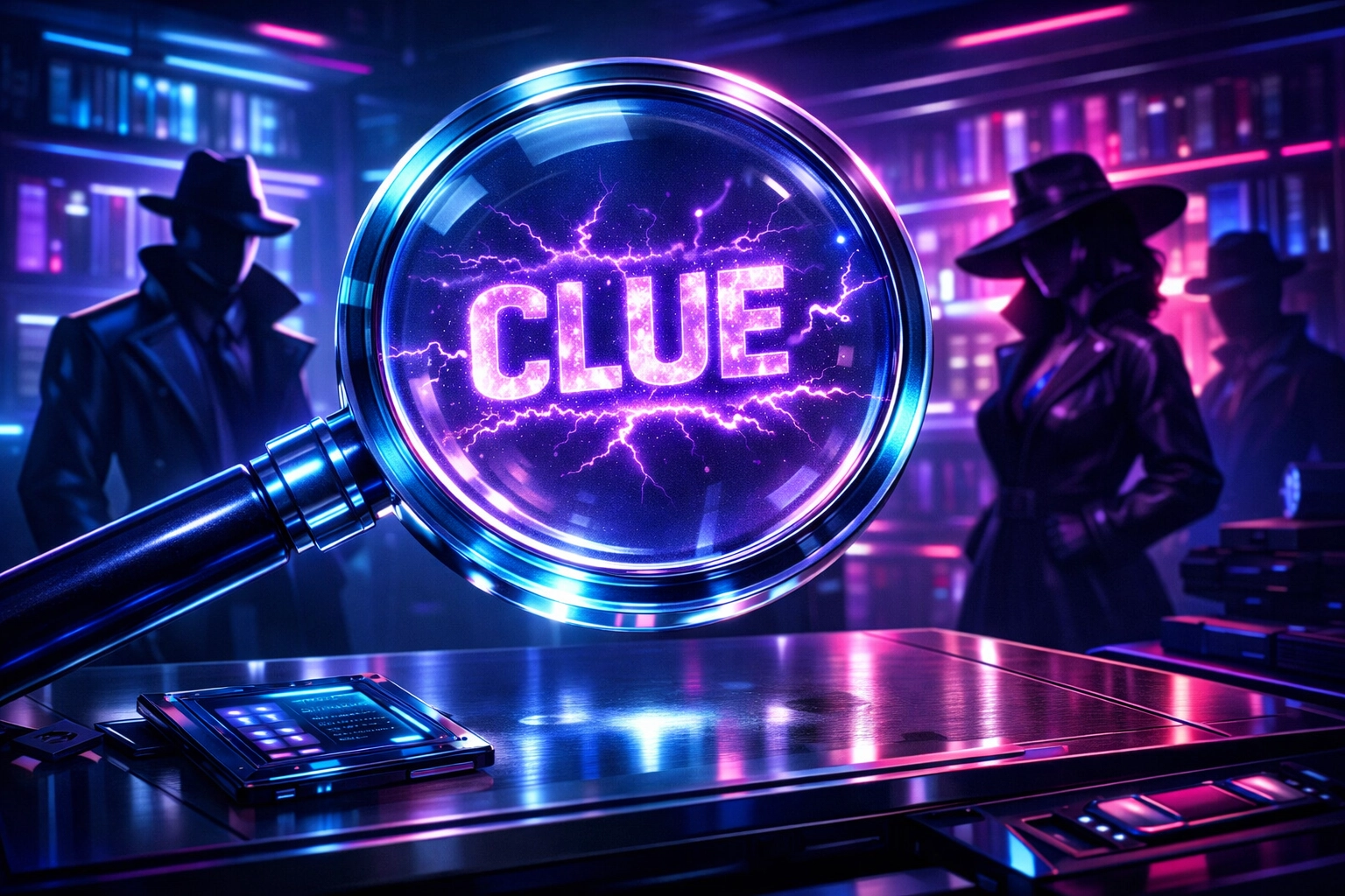 Digital avatars solving a mystery in a virtual library during a collaborative VR team building event.