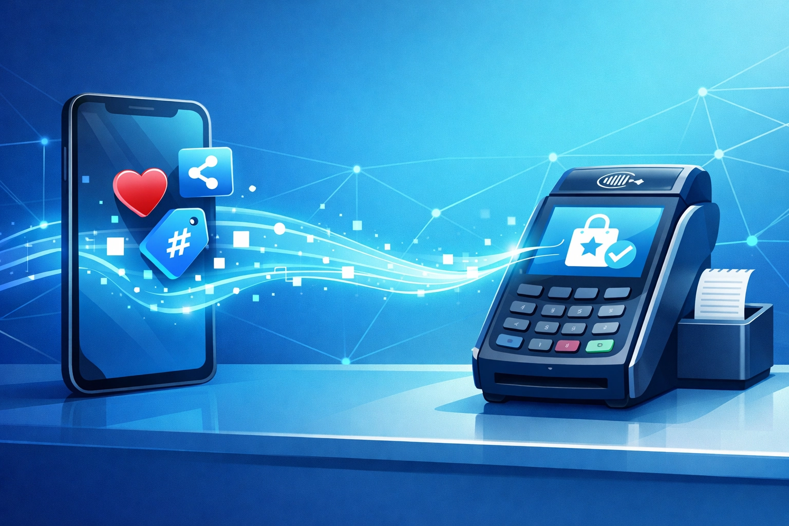 Social media engagement icons connecting to POS terminal showing loyalty rewards integration