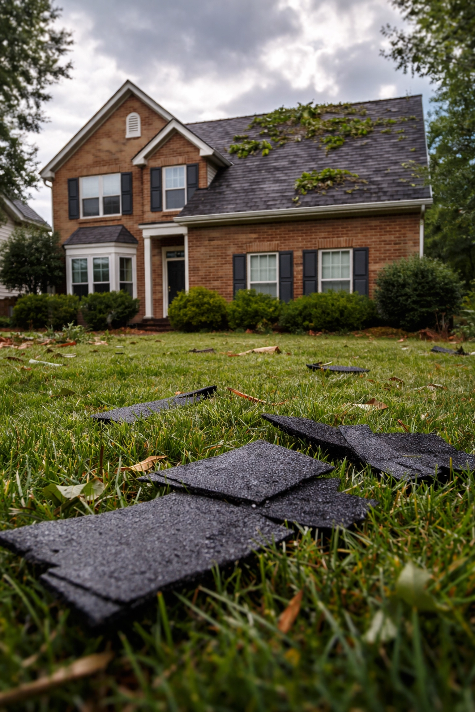 Charlotte home after storm with shingle debris on lawn and branches on asphalt roof, highlighting roof damage signs