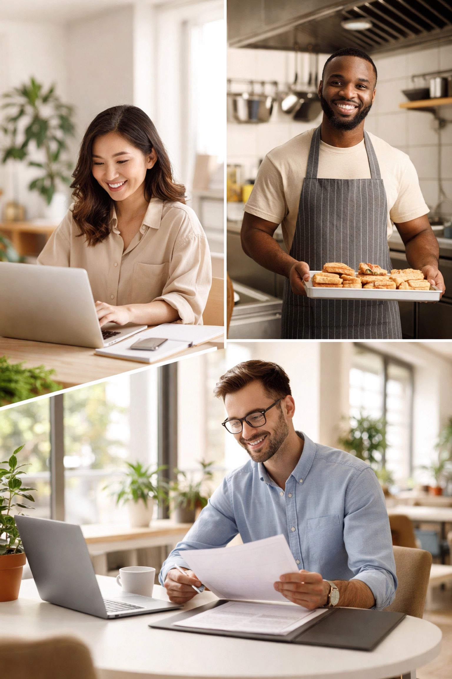 Collage of diverse UK entrepreneurs in various workspaces representing different business startup costs