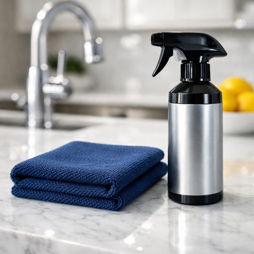Eco-friendly tools on a marble counter used for bi weekly house cleaning.