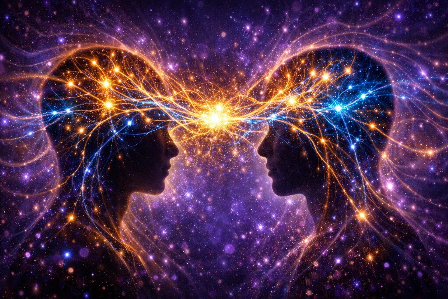 Silhouettes connected by glowing energy webs representing co-regulation to improve relationships.