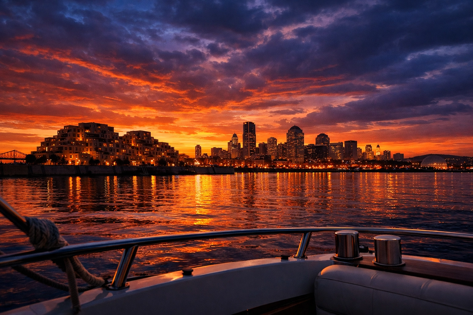 Sunset view of the Montreal skyline and Habitat 67 from a cruise on the St. Lawrence River.