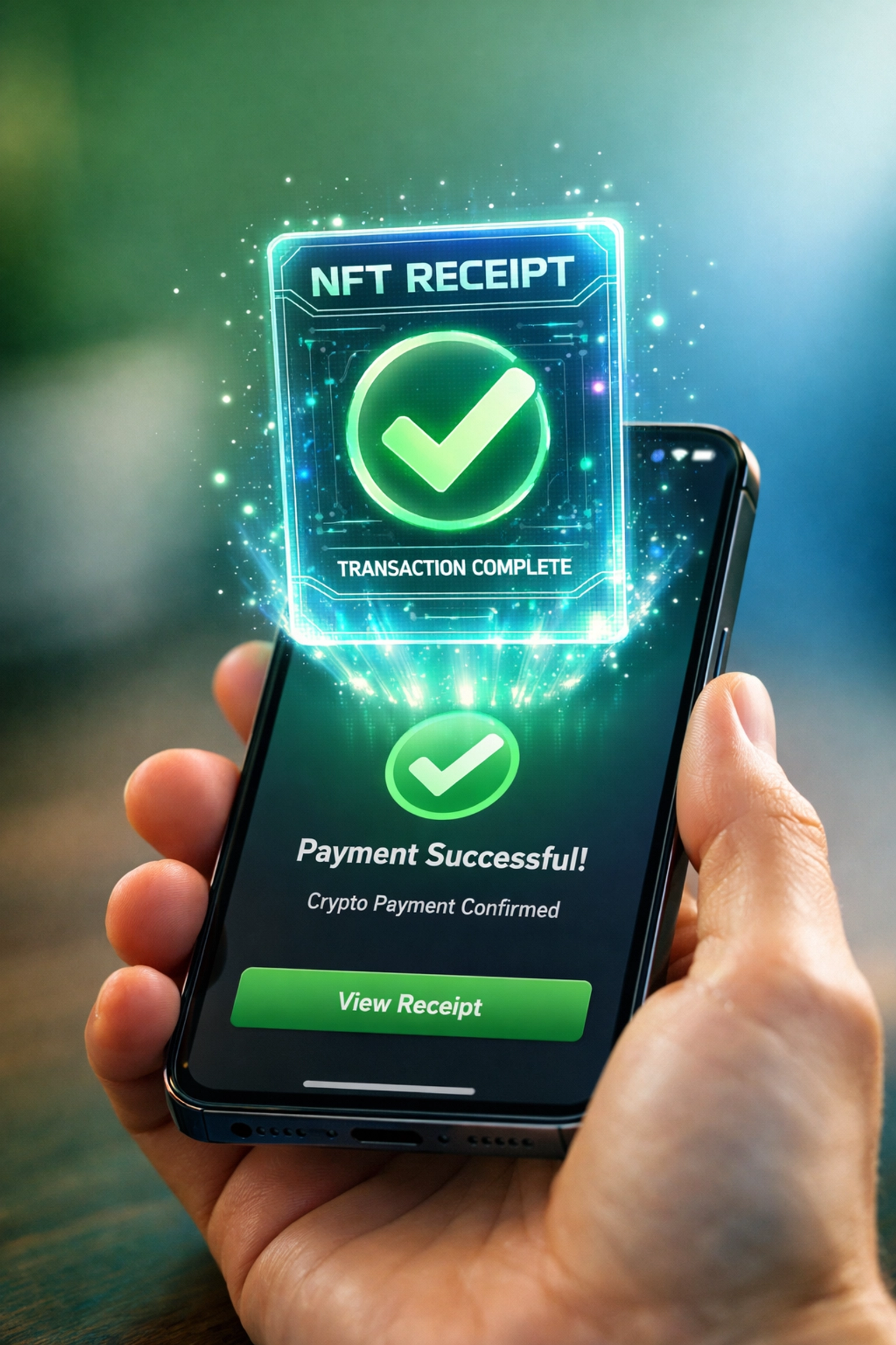 NFT receipt appearing on customer phone after successful crypto payment transaction