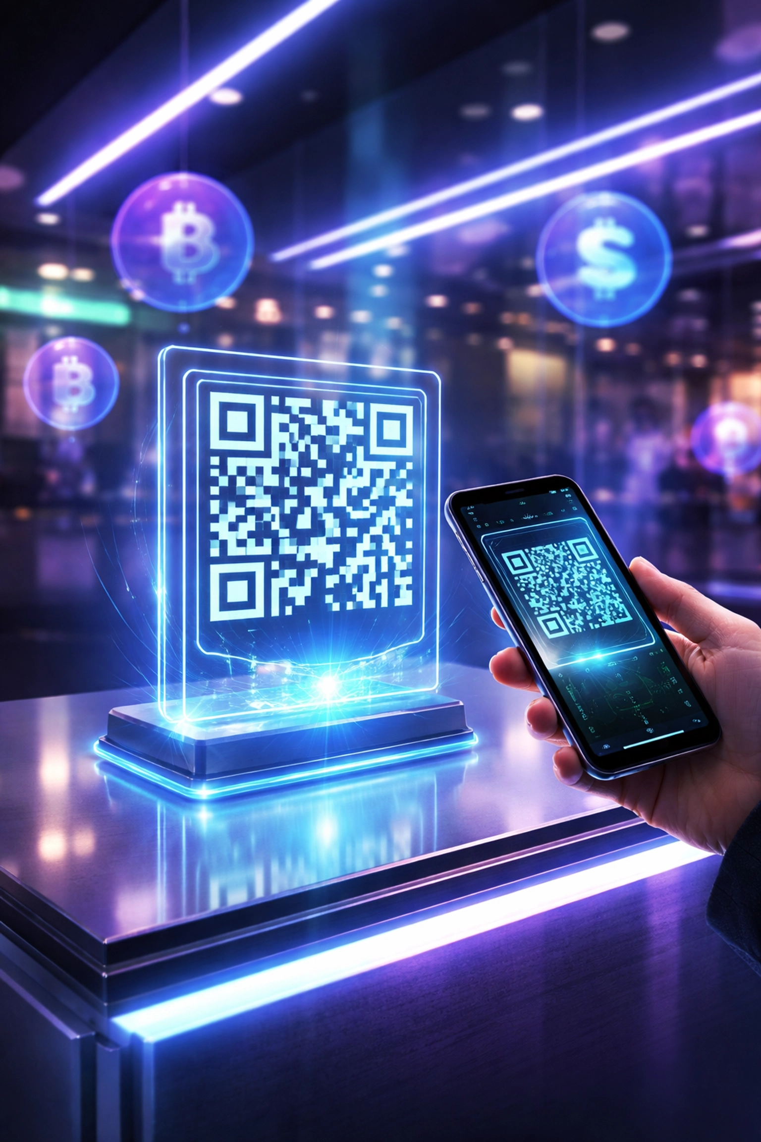 Customer scans a QR code for crypto payment at a modern digital retail counter, illustrating metaverse shopping convenience.