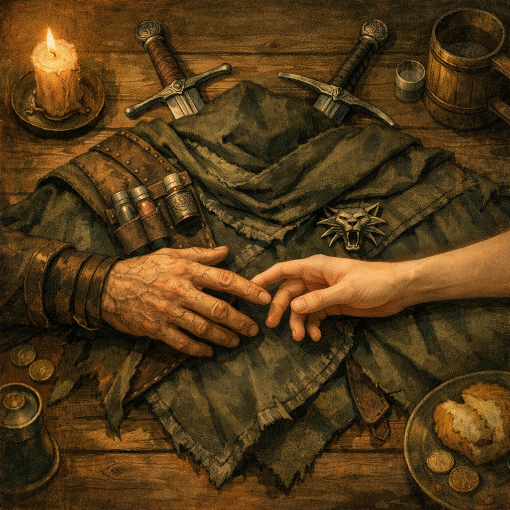 Male hands reaching across witcher's cloak on tavern table - gay romance connection moment