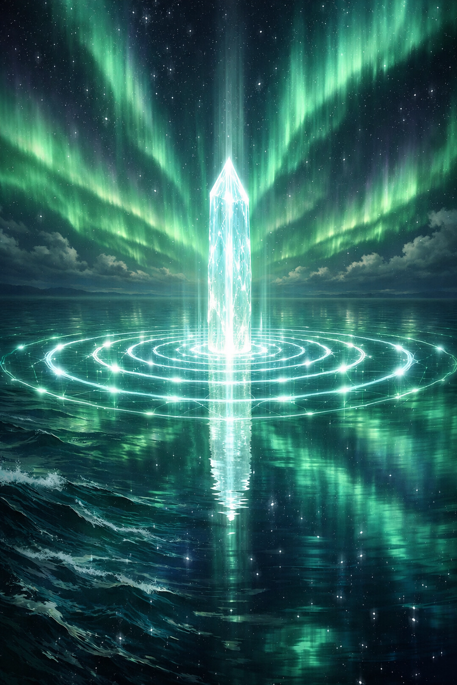 Glowing pillar calming a turbulent ocean, symbolizing a leader's regulated nervous system and emotional impact.
