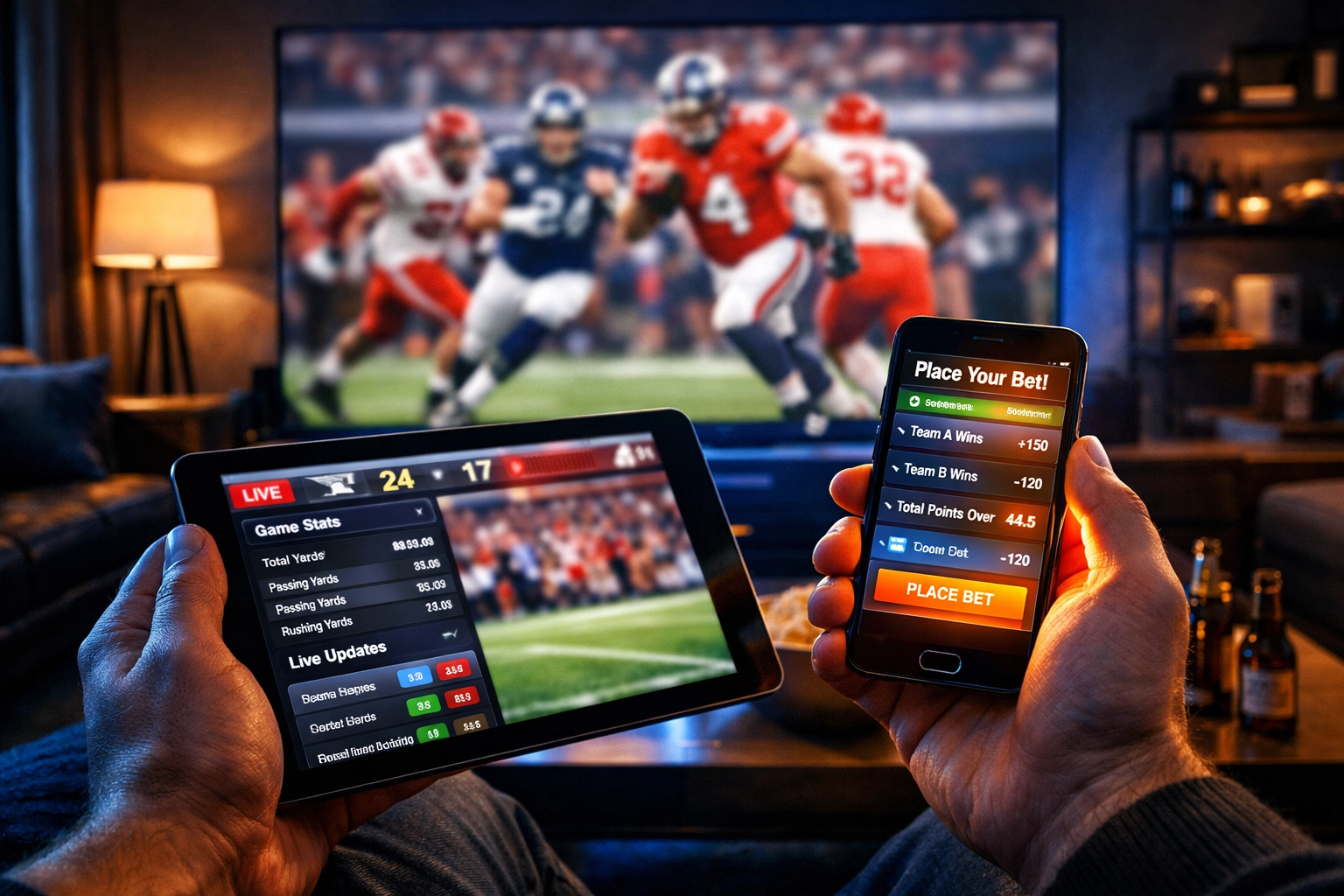Fan using second-screen mobile devices while watching a football game on a large home television.