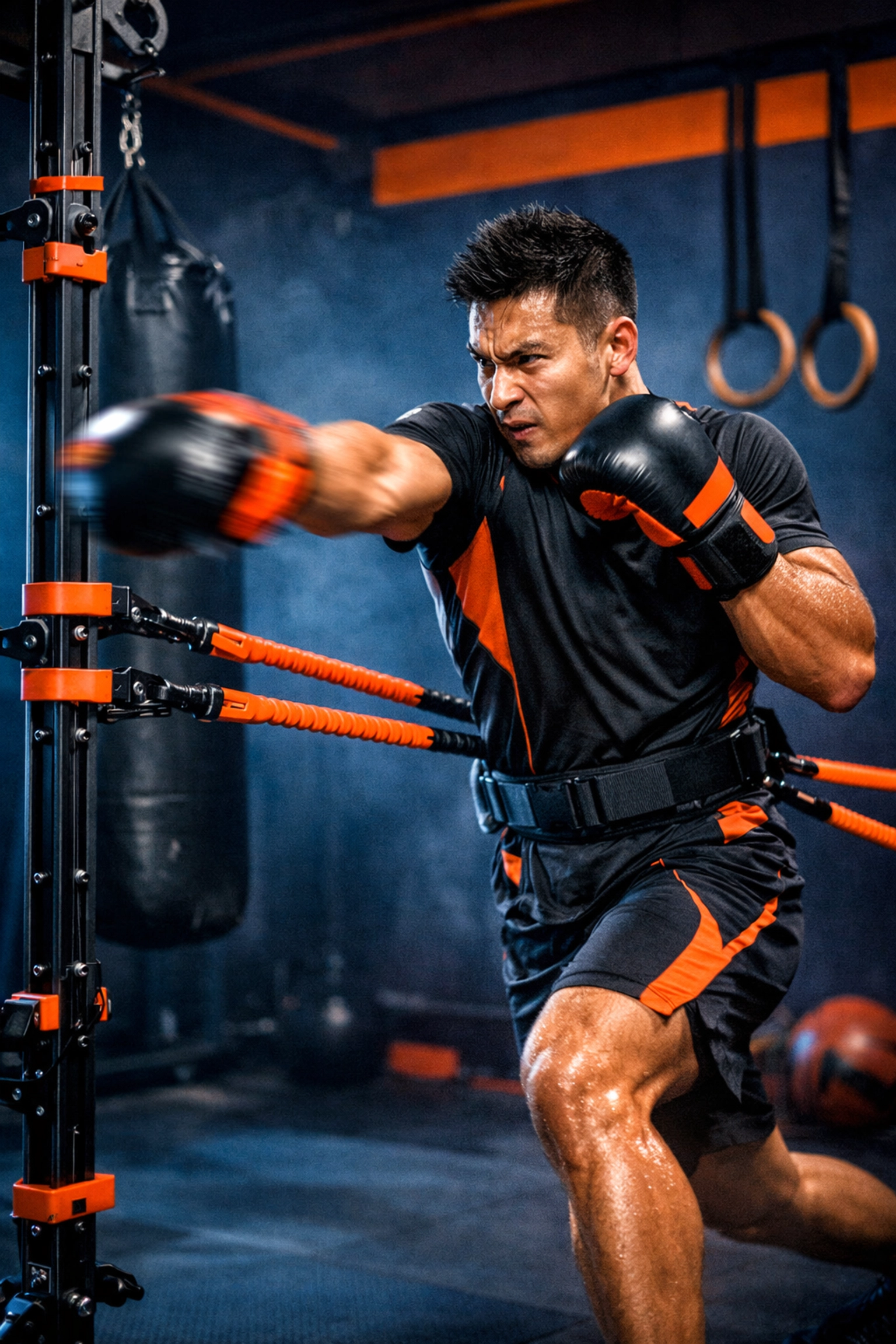 Martial artist using resistance bands and a floor to ceiling gym system for an explosive home workout.