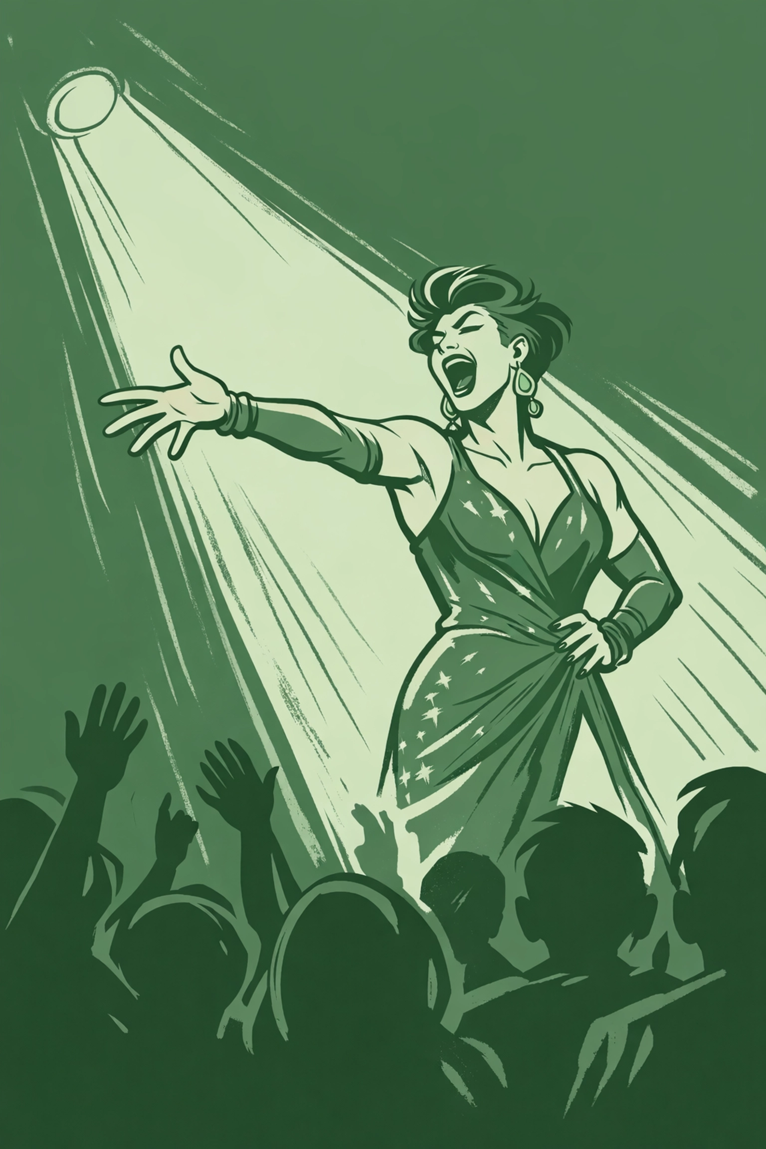 Lip sync performer on stage under spotlight connecting with audience at LGBTQ+ show