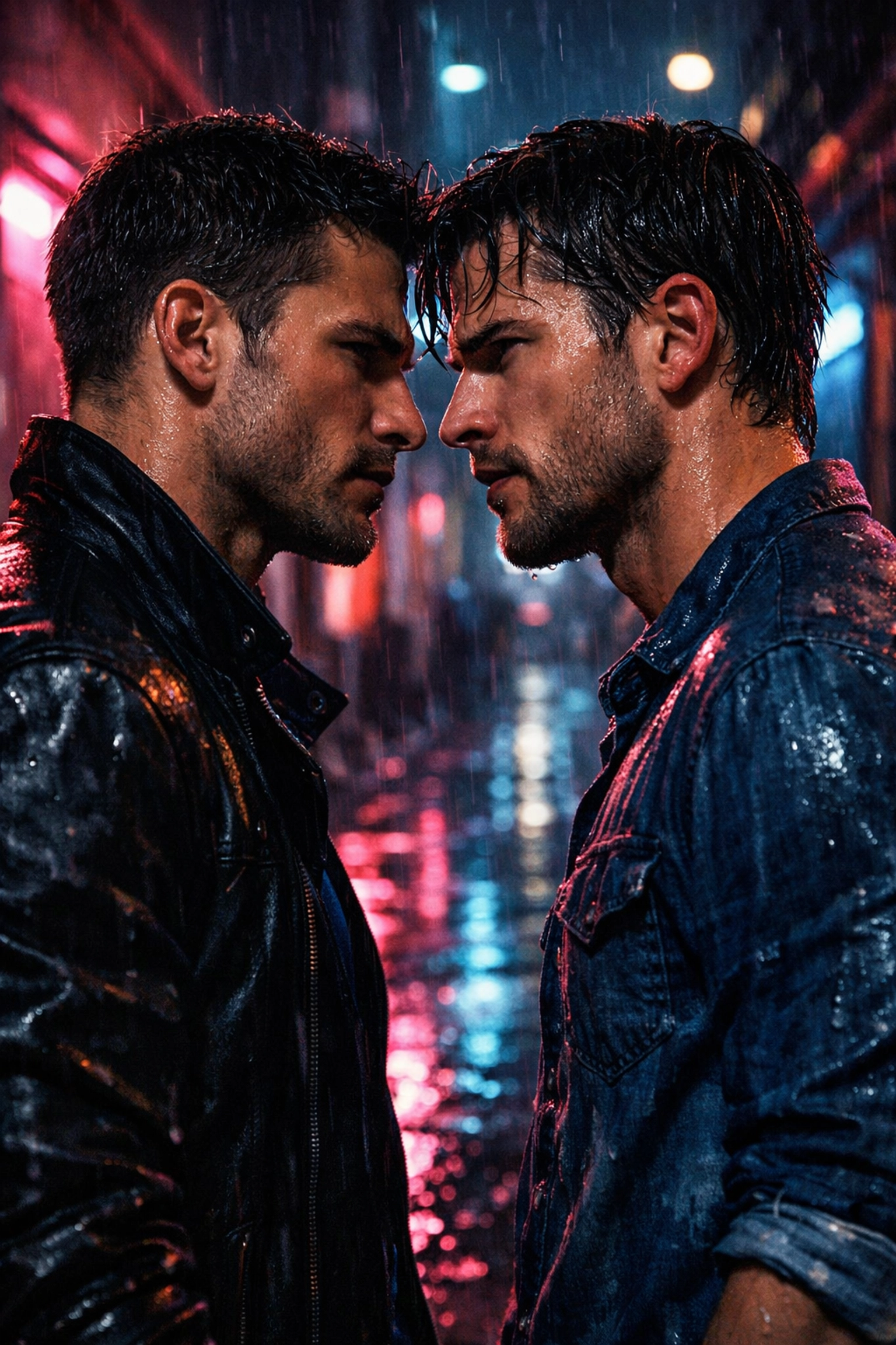 Intense enemies to lovers MM romance scene between two men in a dark, atmospheric alley.