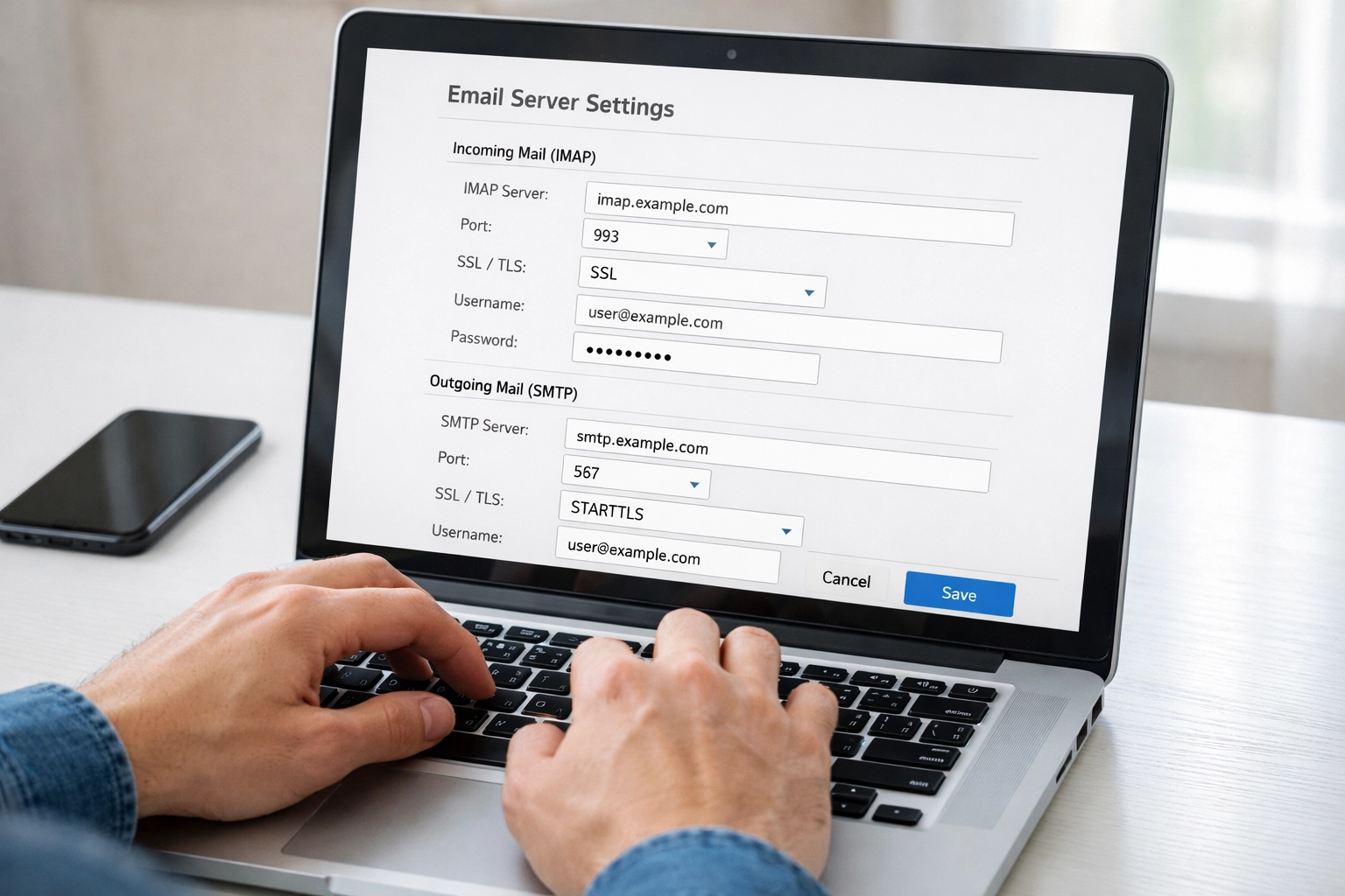 Entering email server configuration settings on laptop for IMAP setup
