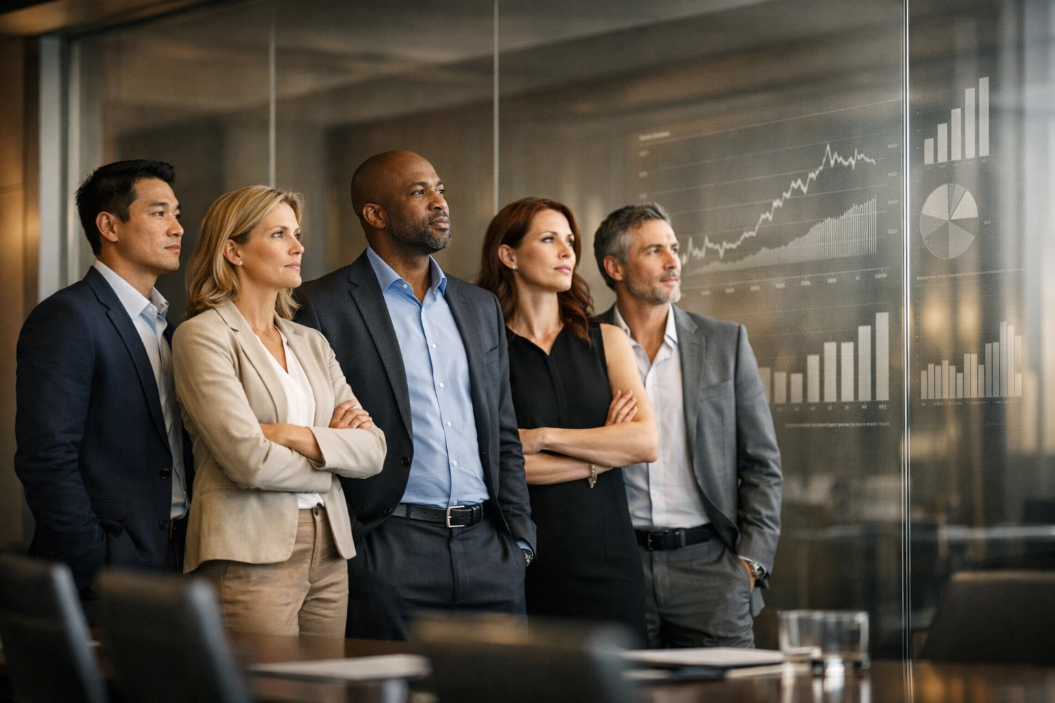 A diverse group of professionals in a sleek boardroom reviewing financial projections on a glass wall—confident, clear, and in control