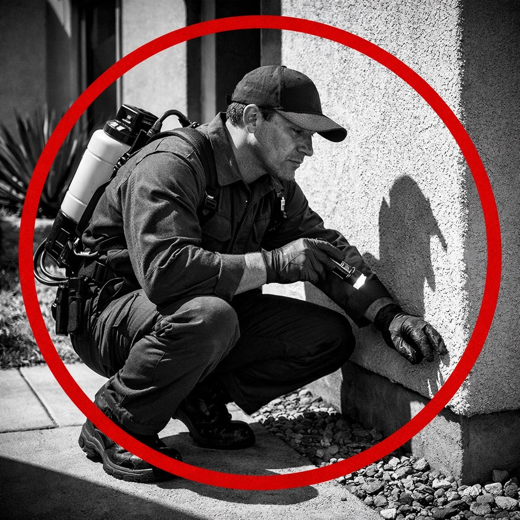 Professional pest control technician inspecting a Coolidge home foundation for a pest-free guarantee.