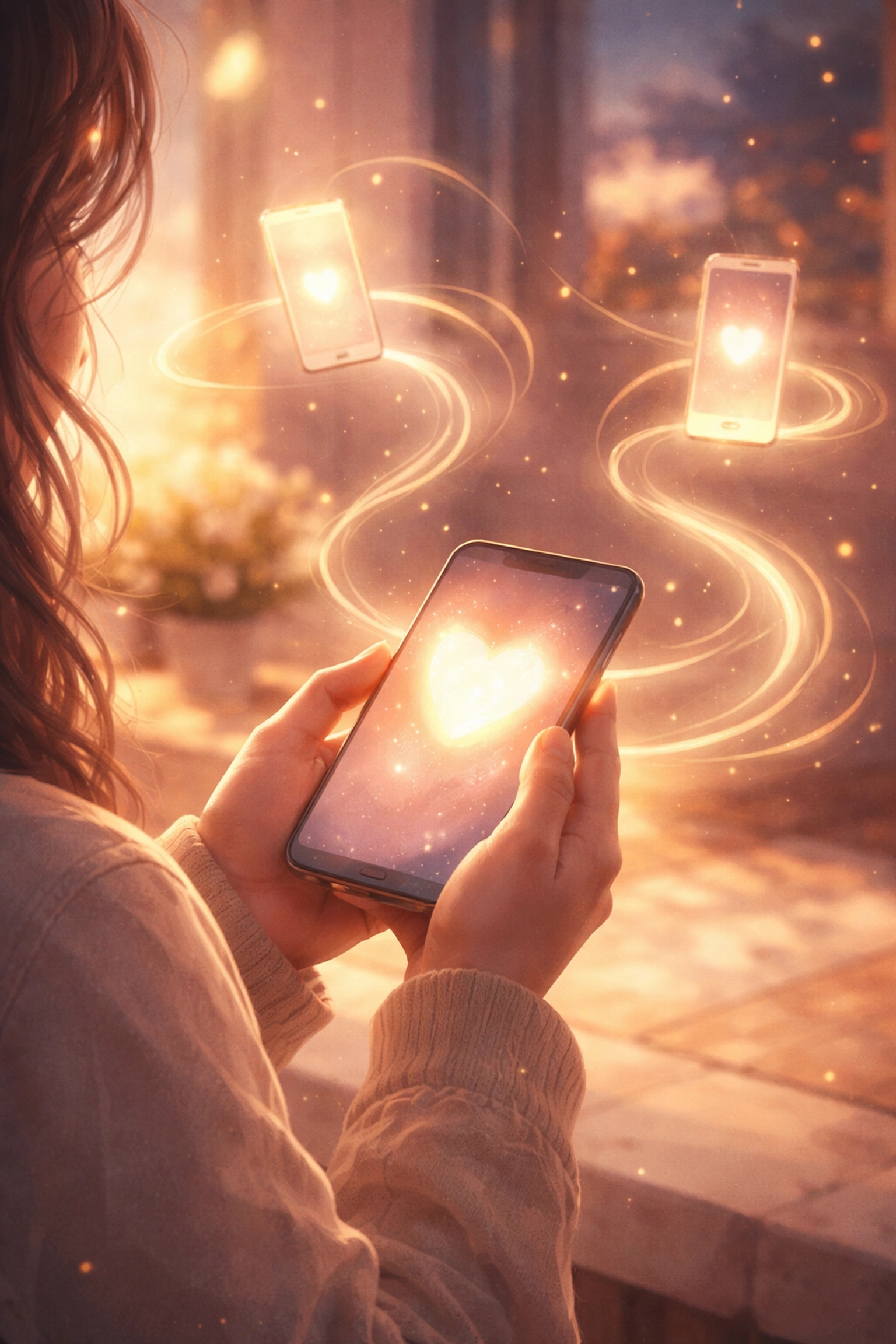 A person holds a smartphone emitting a glowing heart, symbolizing spiritual connection through digital ministry.