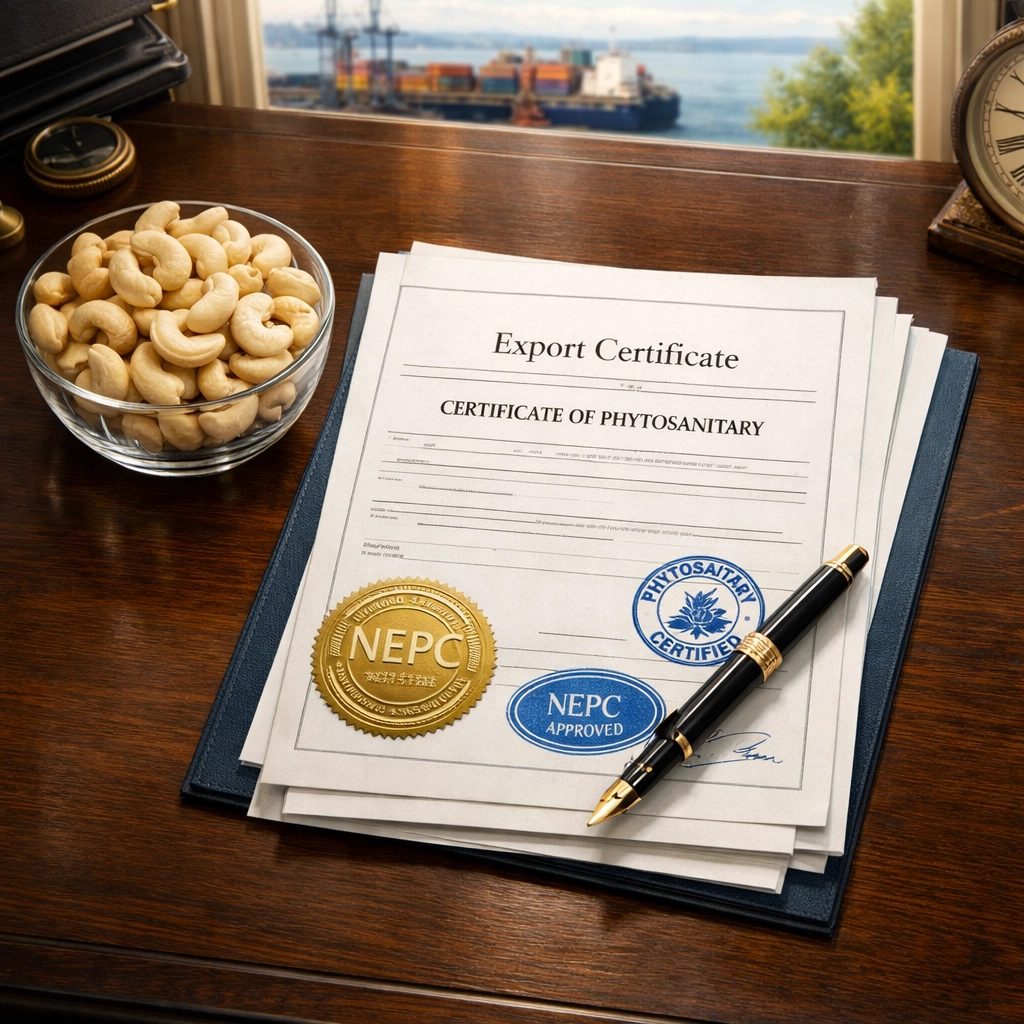 Official Nigerian export documentation and NEPC certifications for raw cashew shipments.