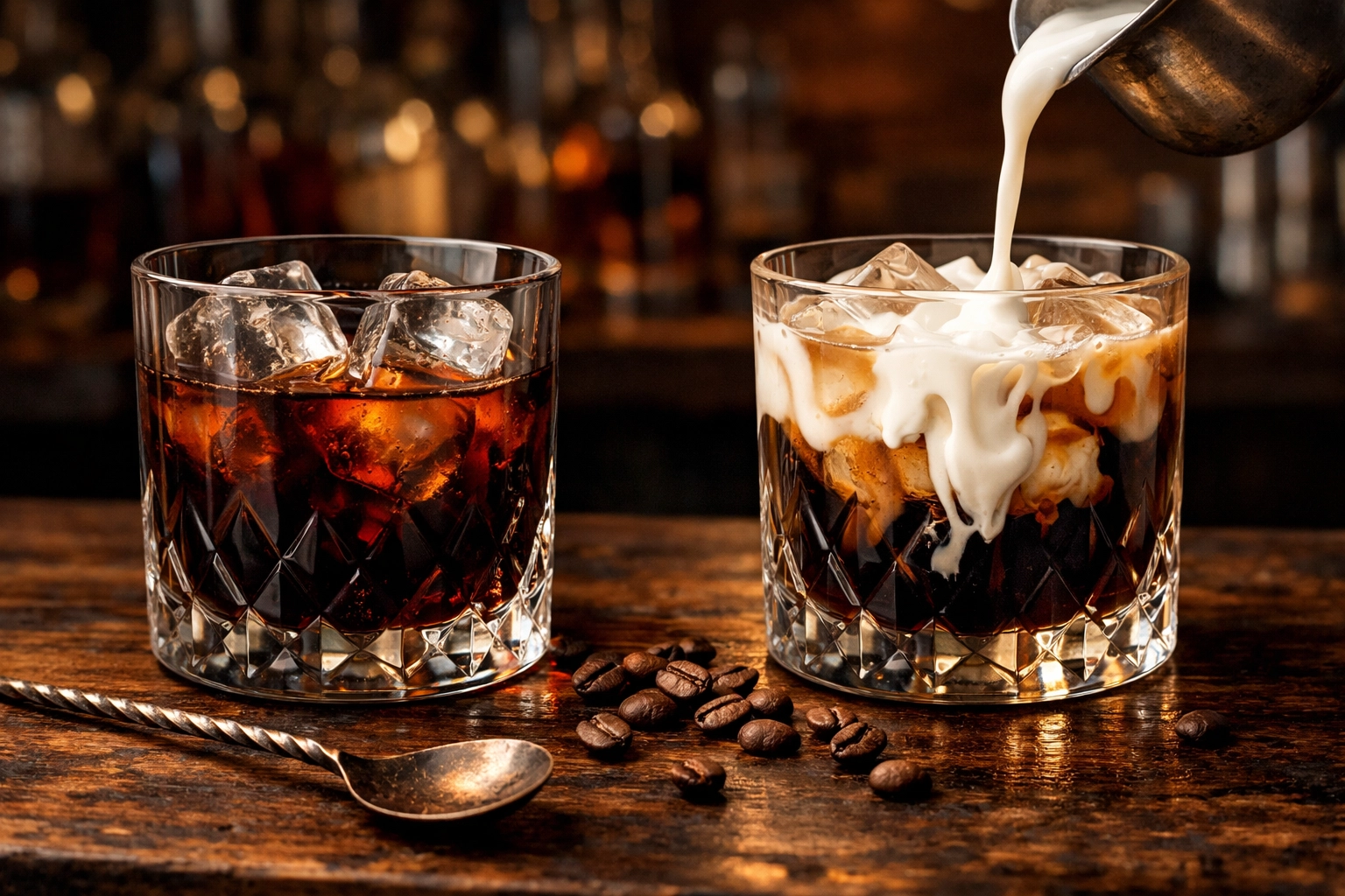 Black Russian and White Russian coffee liqueur cocktails on a rustic wooden bar top.