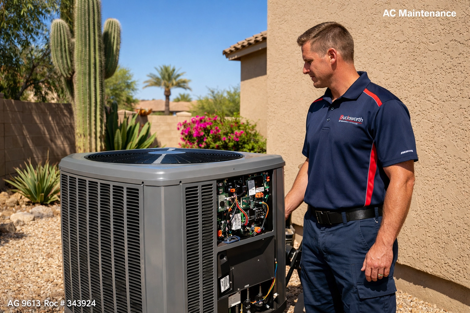 Bucksworth HVAC technician performing an AC maintenance inspection on an outdoor unit in Chandler, AZ.