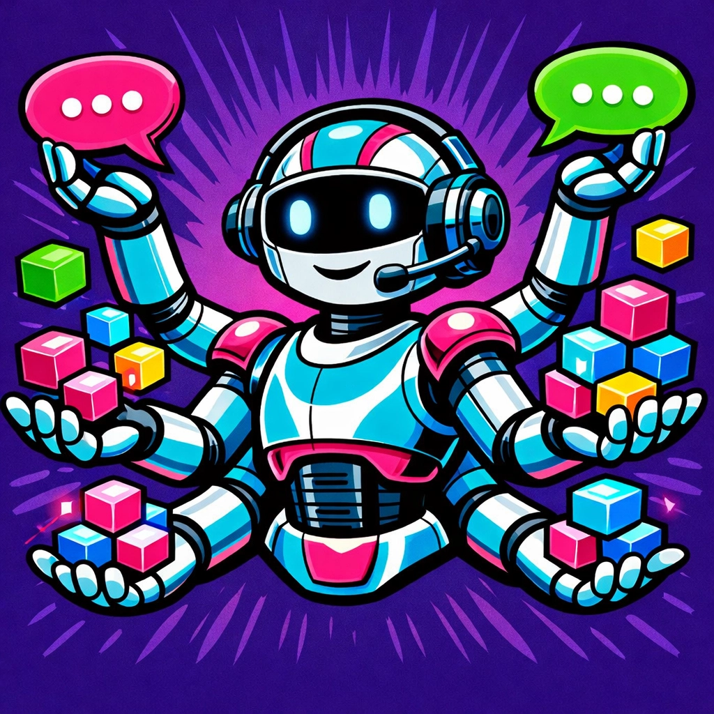 AI virtual assistant robot managing multiple customer support queries to automate business tasks.
