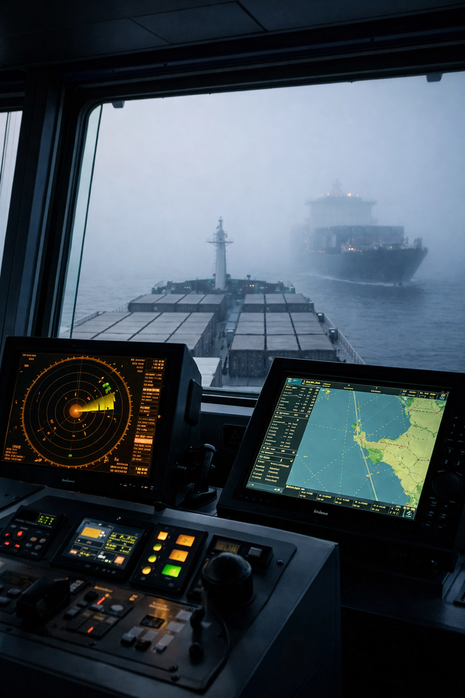 Cargo ship bridge navigation screens in fog representing market uncertainty and global shipping supply chain risks.