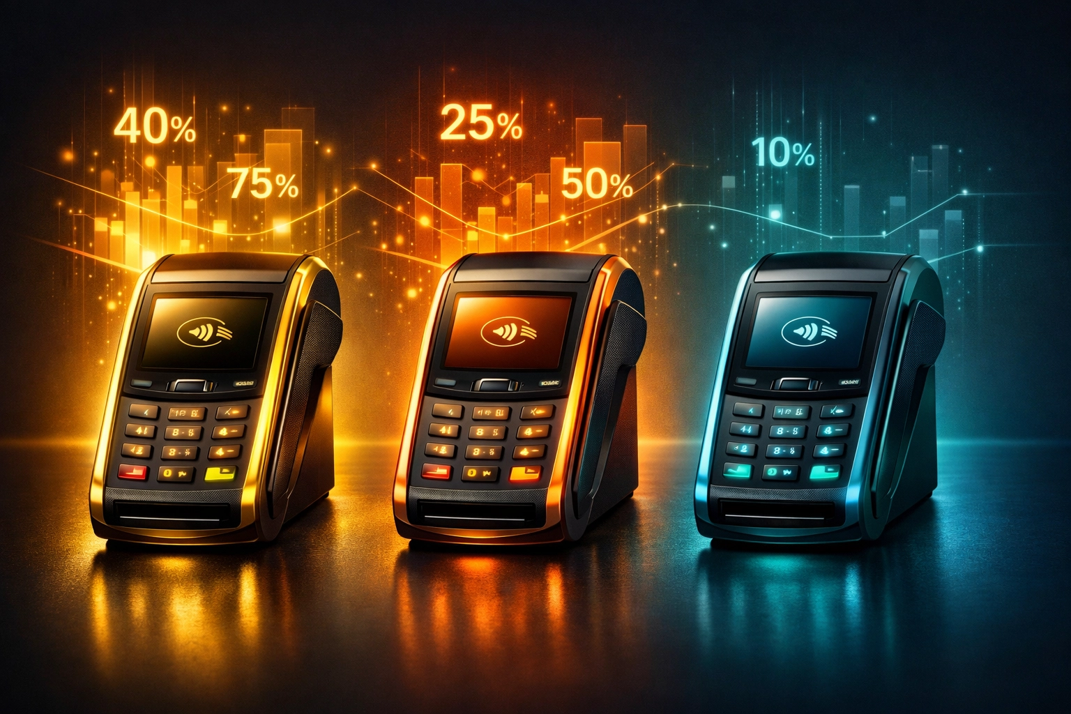 Three crypto payment terminals showing cost comparison: high-cost Triple-A, mid-cost CoinPayments, low-cost solution