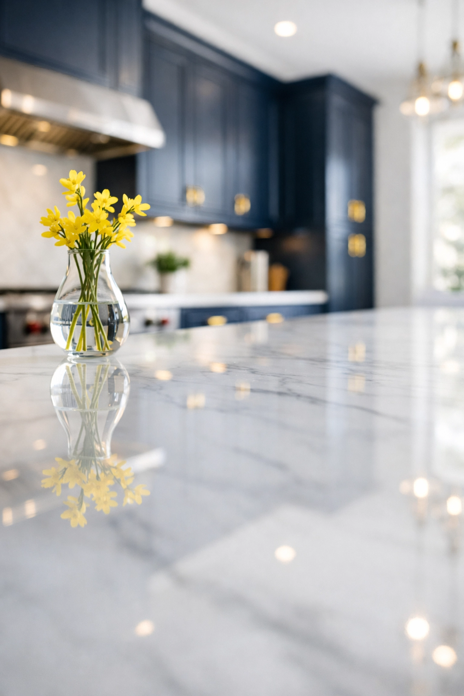 Close-up of a spotless marble kitchen island highlighting luxury residential cleaning Massachusetts.