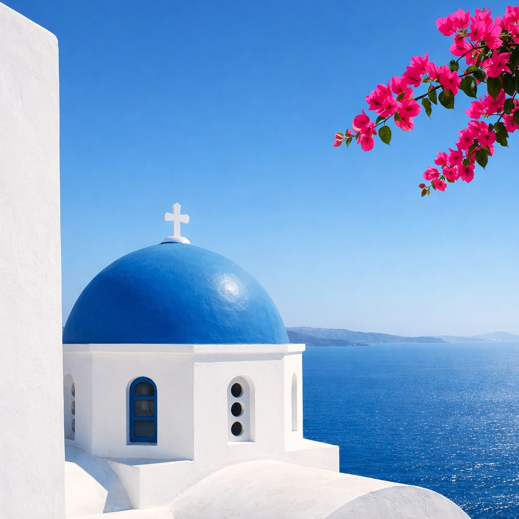 A clean composition of a blue-domed church in Santorini, highlighting best photography locations without distractions.