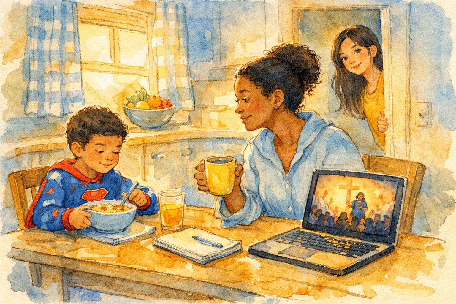 Single mother worshiping online at kitchen table with children on Sunday morning