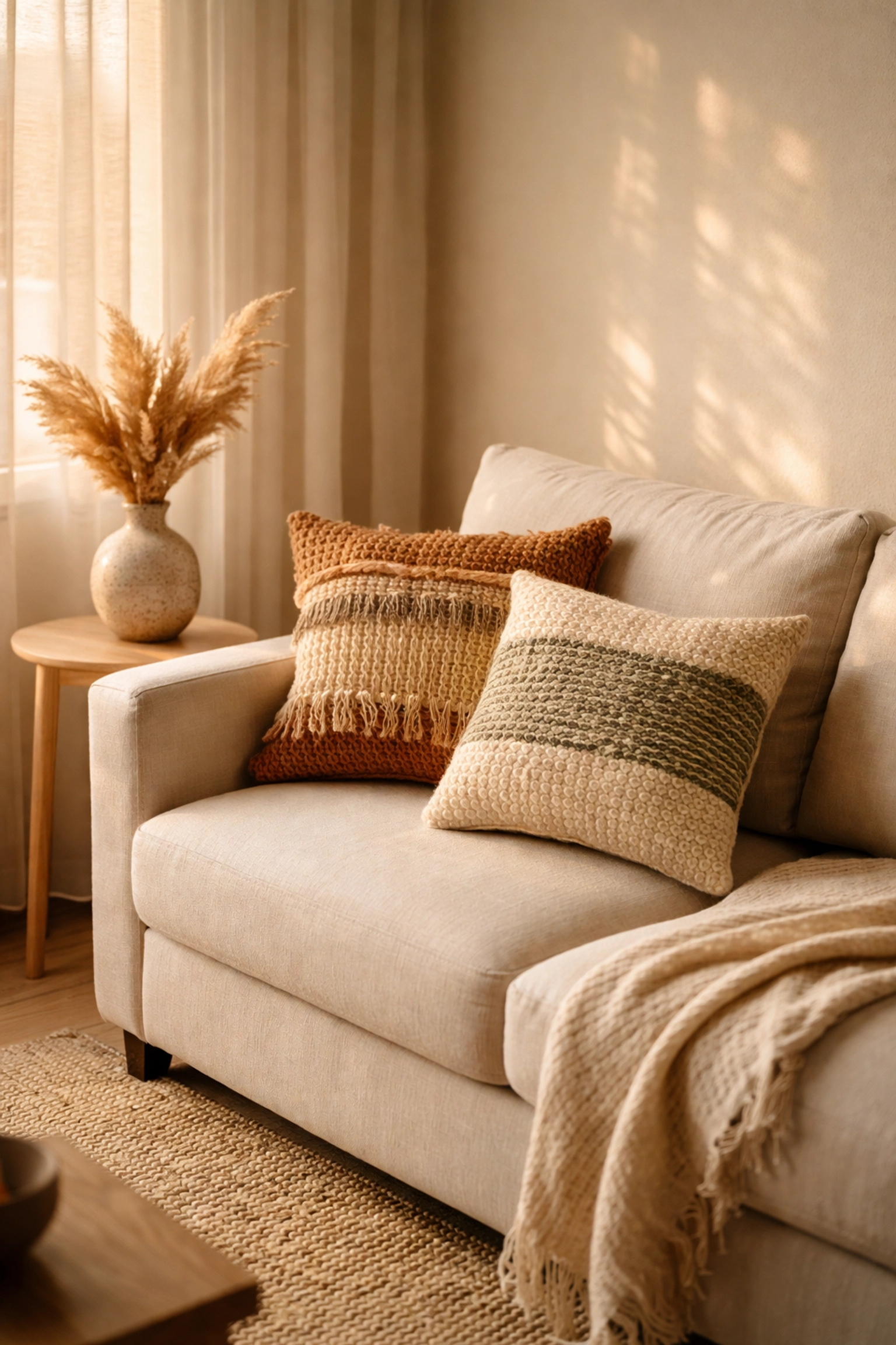 Cozy living room with modern beige sofa and handmade pillows and vase, illustrating the 80/20 decor rule for balanced home styling.
