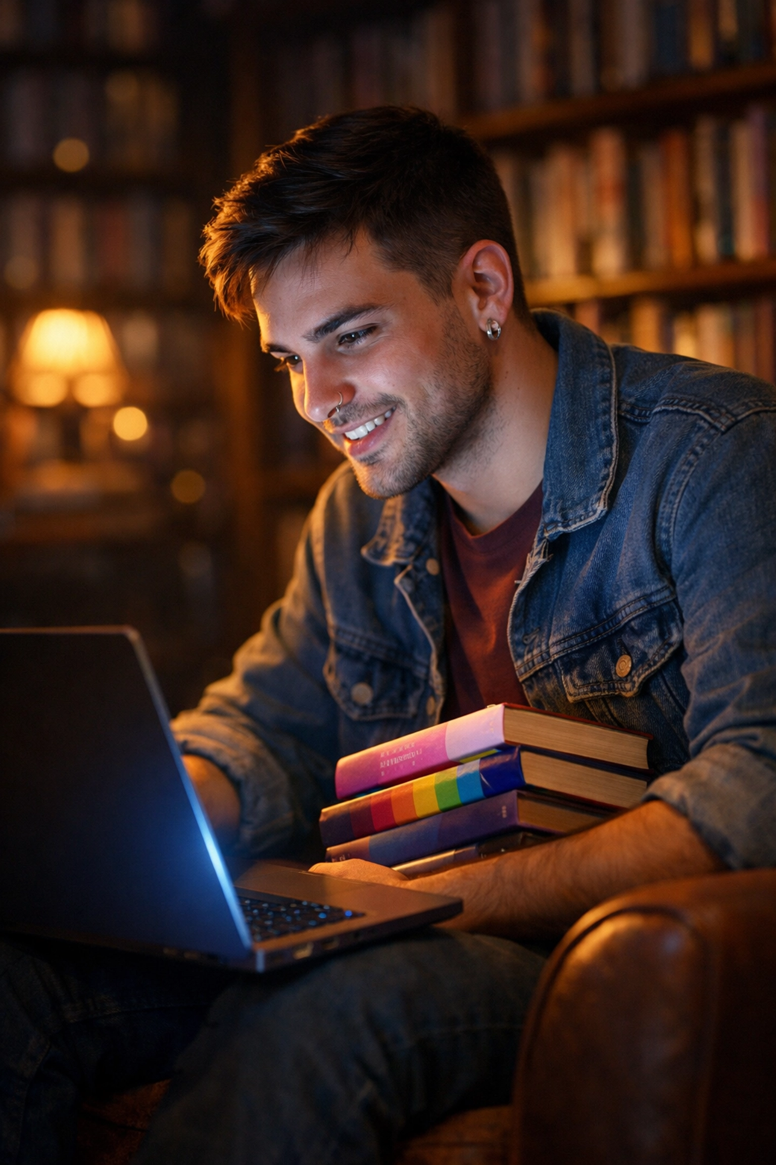 A young man in a library searching the online catalog for queer literature and MM authors on his laptop.