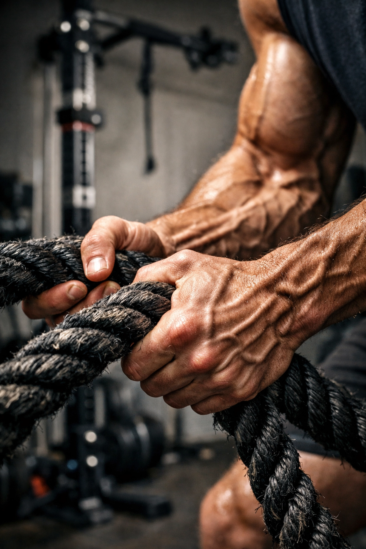 Close-up of hands gripping battle rope during intense home workout showing grip strength training