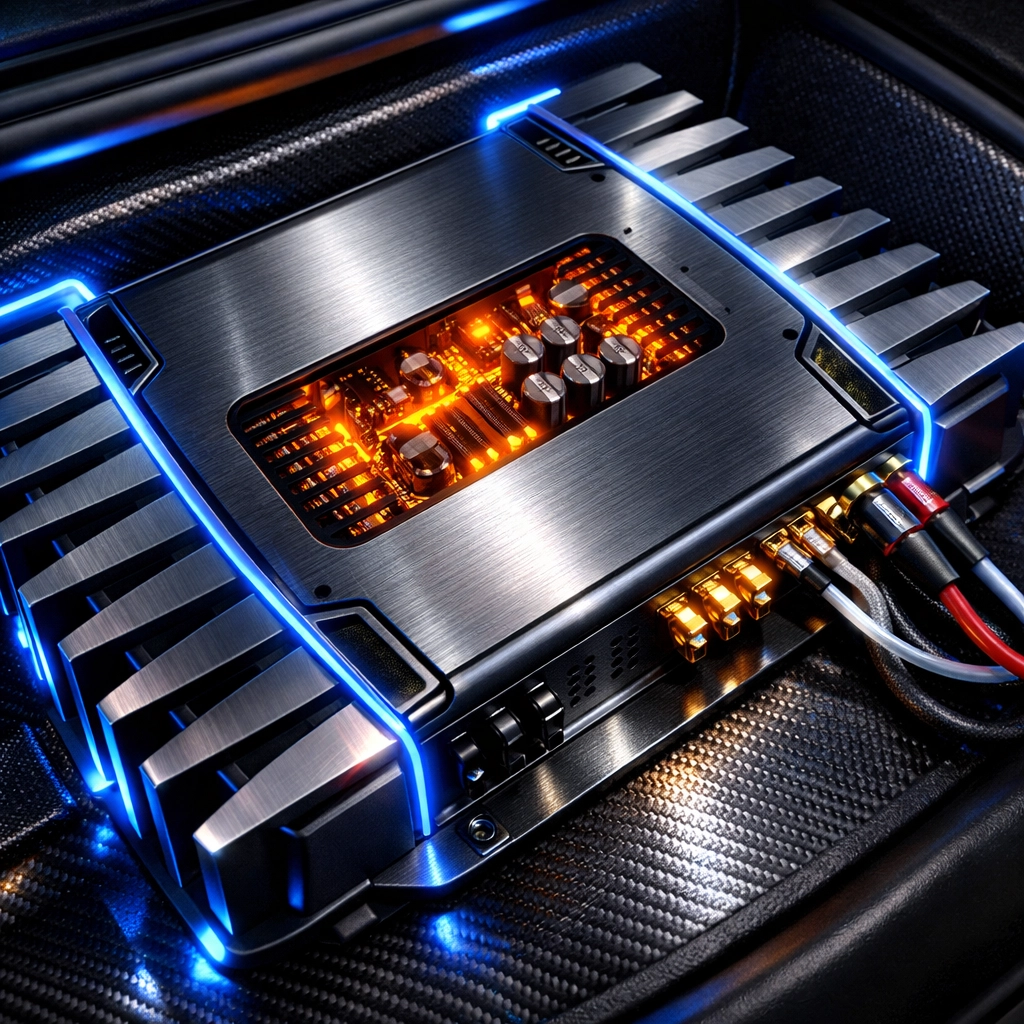 High-performance car amplifier mounted securely in a vehicle trunk for optimal cooling.