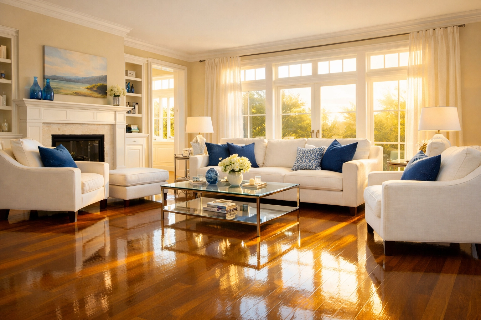 Gleaming, residue-free hardwood floors in a sunlit Acton living room after a professional home cleaning.