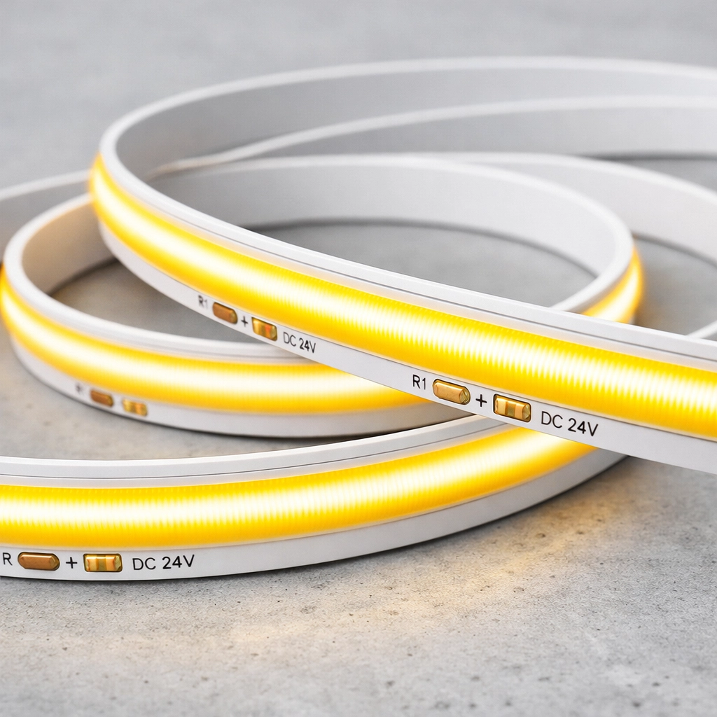 Flexible COB LED strip light with continuous phosphor coating for seamless dot-free illumination.